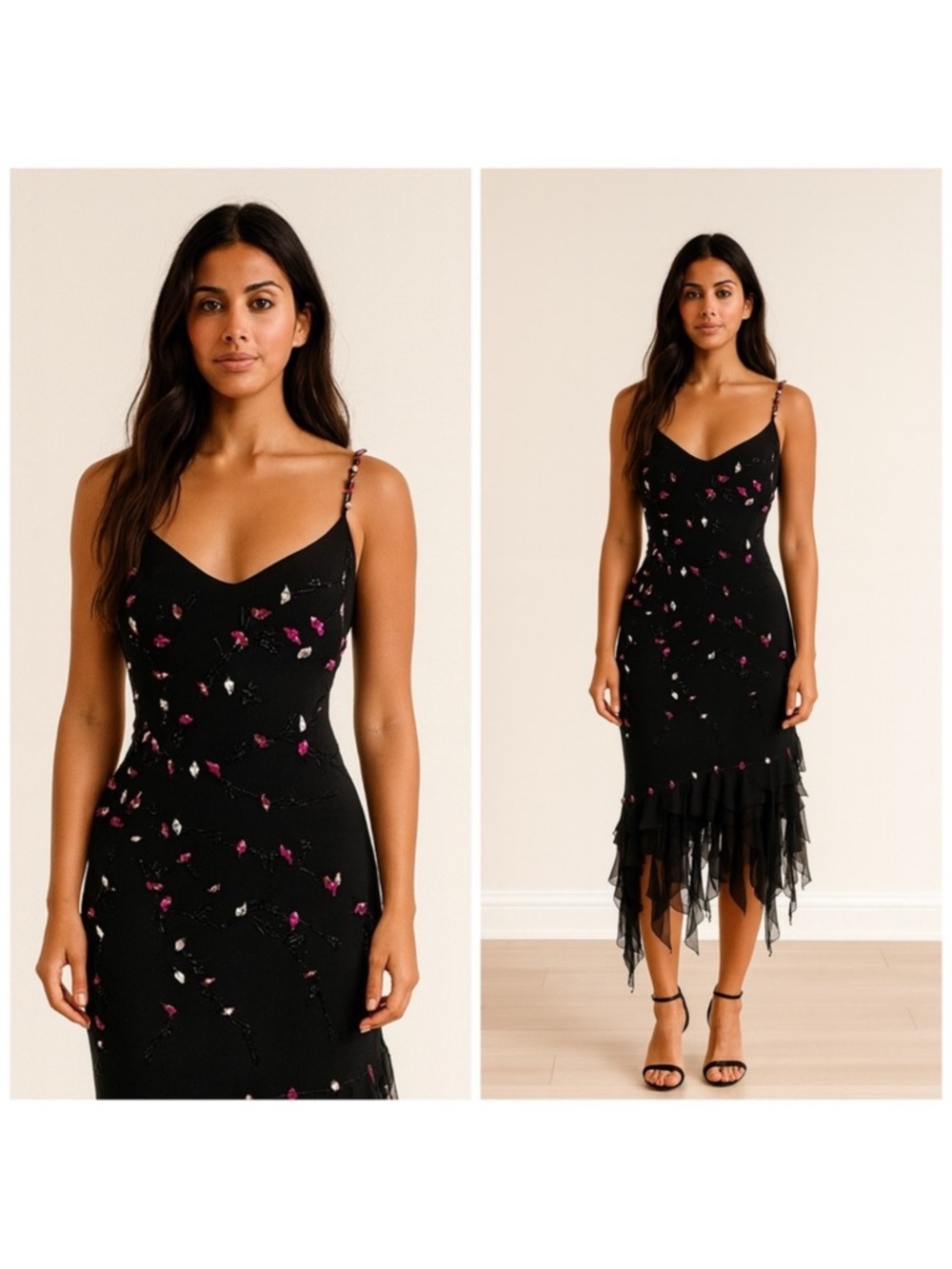 Vintage Cache Black Beaded Midi Dress Floral Embellished Asymmetrical Hem Size 8